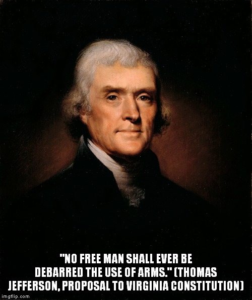Only fools need an interpreter to understand Jefferson! | "NO FREE MAN SHALL EVER BE DEBARRED THE USE OF ARMS." (THOMAS JEFFERSON, PROPOSAL TO VIRGINIA CONSTITUTION) | image tagged in thomas jefferson,guns | made w/ Imgflip meme maker