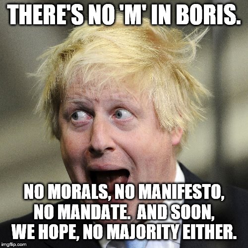 Boris Johnson | THERE'S NO 'M' IN BORIS. NO MORALS, NO MANIFESTO, NO MANDATE.  AND SOON, WE HOPE, NO MAJORITY EITHER. | image tagged in boris johnson | made w/ Imgflip meme maker
