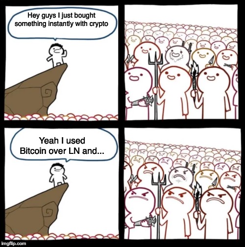 Cliff Announcement | Hey guys I just bought something instantly with crypto; Yeah I used Bitcoin over LN and... | image tagged in cliff announcement,Bitcoin | made w/ Imgflip meme maker