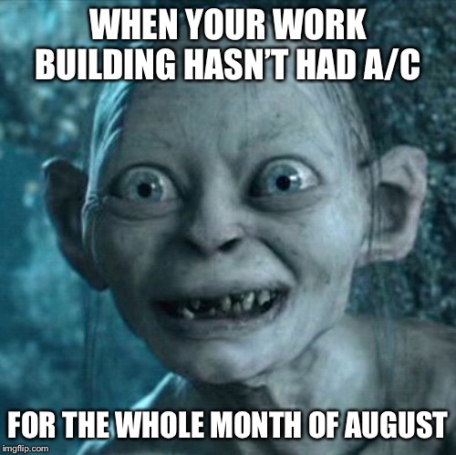 True Story Bro | WHEN YOUR WORK BUILDING HASN’T HAD A/C; FOR THE WHOLE MONTH OF AUGUST | image tagged in memes,gollum,true story bro,not funny | made w/ Imgflip meme maker