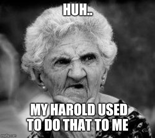 confused old lady | HUH.. MY HAROLD USED TO DO THAT TO ME | image tagged in confused old lady | made w/ Imgflip meme maker