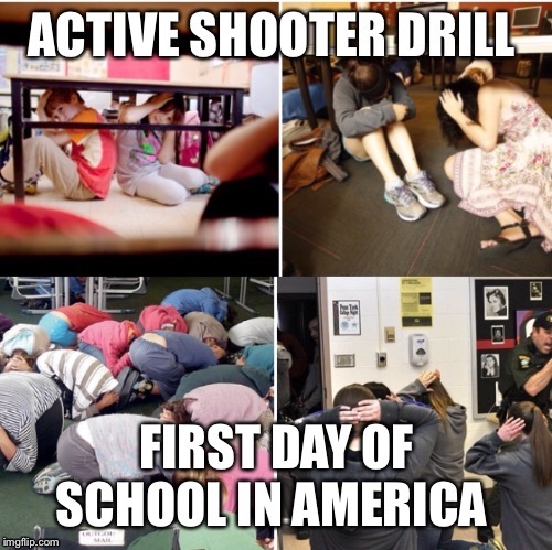 Children should not have to go through this! | image tagged in mass shooting,active shooter drill,children hiding under desks | made w/ Imgflip meme maker