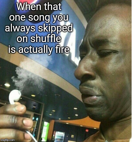 That moment... | When that one song you always skipped on shuffle is actually fire | image tagged in smokingearbuds | made w/ Imgflip meme maker