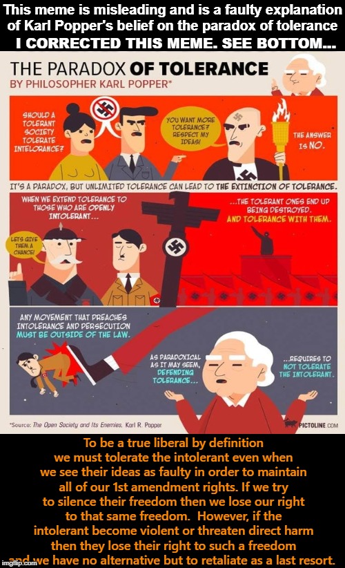 Misread and misunderstood by many illiberal anti-fa groups.  Karl Popper only advocated for violence as a last resort. | This meme is misleading and is a faulty explanation of Karl Popper's belief on the paradox of tolerance; I CORRECTED THIS MEME. SEE BOTTOM... To be a true liberal by definition we must tolerate the intolerant even when we see their ideas as faulty in order to maintain all of our 1st amendment rights. If we try to silence their freedom then we lose our right to that same freedom.  However, if the intolerant become violent or threaten direct harm then they lose their right to such a freedom and we have no alternative but to retaliate as a last resort. | image tagged in anti-fa,extremist left-wing group,violent left-wing group,anti-fa cowards,anti-free speech,1st amendment | made w/ Imgflip meme maker