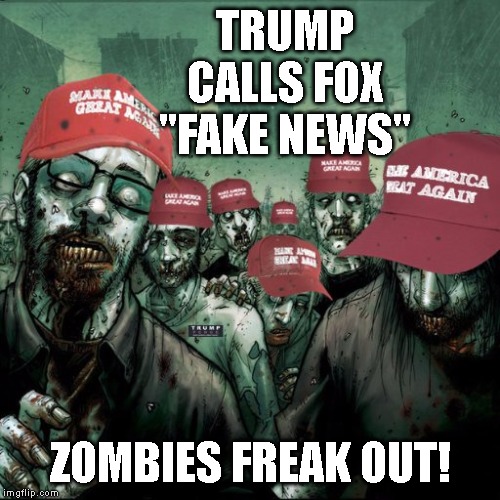 Now that Trump Hates Fox - What Will They Watch? | TRUMP CALLS FOX "FAKE NEWS"; ZOMBIES FREAK OUT! | image tagged in fox news,donald trump is an idiot,fake news,impeach trump | made w/ Imgflip meme maker