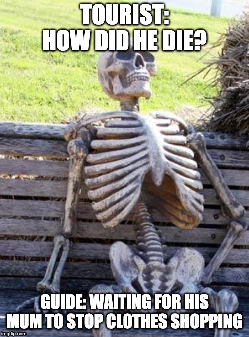 Waiting Skeleton | TOURIST: HOW DID HE DIE? GUIDE: WAITING FOR HIS MUM TO STOP CLOTHES SHOPPING | image tagged in memes,waiting skeleton | made w/ Imgflip meme maker