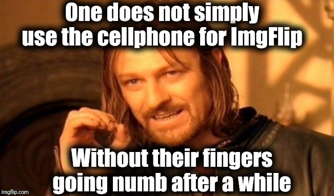 I can't be the only one! | One does not simply use the cellphone for ImgFlip; Without their fingers going numb after a while | image tagged in memes,one does not simply | made w/ Imgflip meme maker
