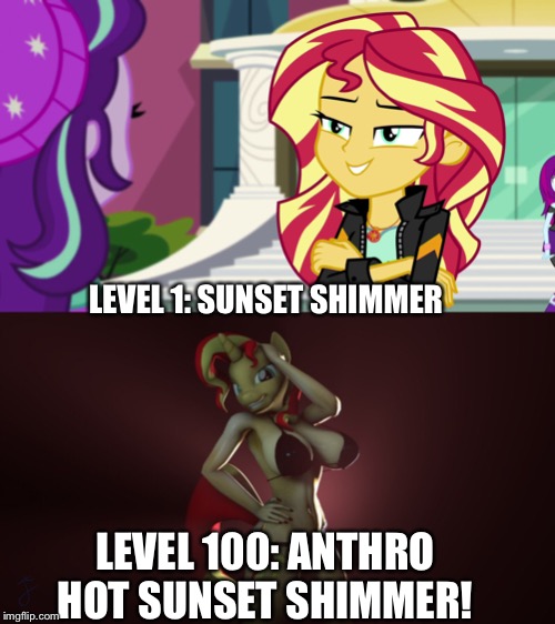 MLP Sunset Shimmer Boss level parody | LEVEL 1: SUNSET SHIMMER; LEVEL 100: ANTHRO HOT SUNSET SHIMMER! | image tagged in mafia city,my little pony,sunset shimmer,level,sfm | made w/ Imgflip meme maker