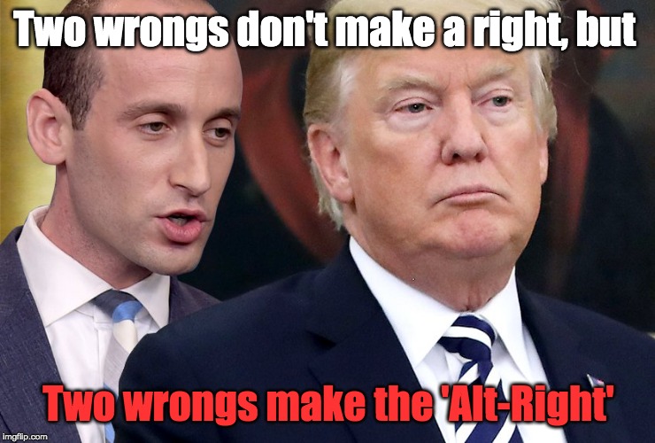 White Nationalism | Two wrongs don't make a right, but; Two wrongs make the 'Alt-Right' | image tagged in steven miller,donald trump,alt-right,white nationalism | made w/ Imgflip meme maker