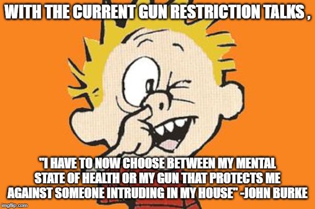 Calvin | WITH THE CURRENT GUN RESTRICTION TALKS , "I HAVE TO NOW CHOOSE BETWEEN MY MENTAL STATE OF HEALTH OR MY GUN THAT PROTECTS ME AGAINST SOMEONE INTRUDING IN MY HOUSE" -JOHN BURKE | image tagged in calvin,gun rights,safety,mental health | made w/ Imgflip meme maker
