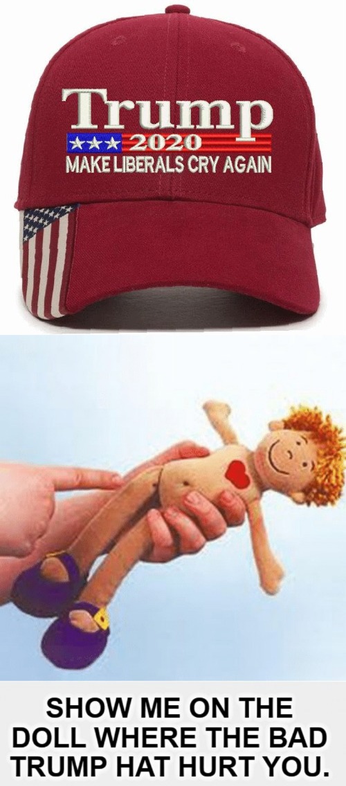Show me on the doll where the bad Trump hat hurt you. | image tagged in make liberals cry again,trump 2020,show me on this doll,butthurt liberals,triggered liberal,triggered feminist | made w/ Imgflip meme maker