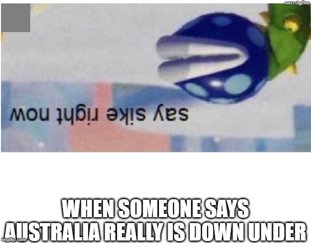 say sike right now | WHEN SOMEONE SAYS AUSTRALIA REALLY IS DOWN UNDER | image tagged in say sike right now | made w/ Imgflip meme maker