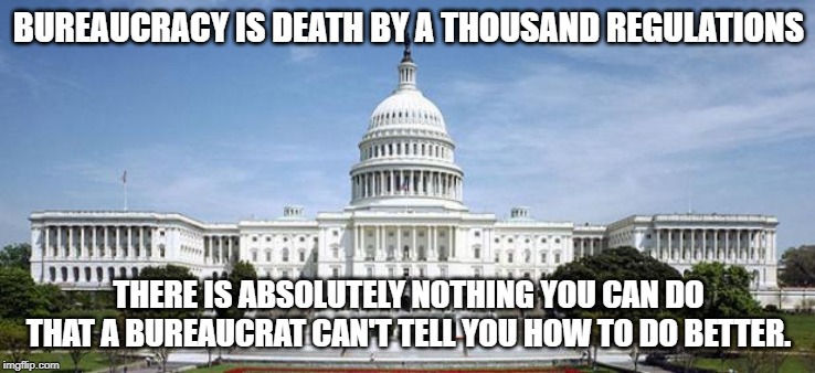 Capitol Hill | BUREAUCRACY IS DEATH BY A THOUSAND REGULATIONS; THERE IS ABSOLUTELY NOTHING YOU CAN DO THAT A BUREAUCRAT CAN'T TELL YOU HOW TO DO BETTER. | image tagged in capitol hill | made w/ Imgflip meme maker