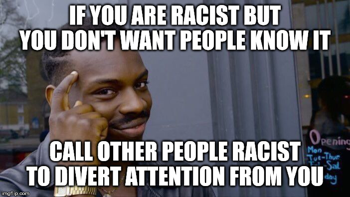 Roll Safe Think About It | IF YOU ARE RACIST BUT YOU DON'T WANT PEOPLE KNOW IT; CALL OTHER PEOPLE RACIST TO DIVERT ATTENTION FROM YOU | image tagged in memes,roll safe think about it | made w/ Imgflip meme maker