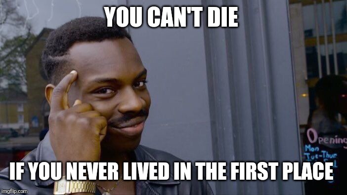 Roll Safe Think About It Meme | YOU CAN'T DIE; IF YOU NEVER LIVED IN THE FIRST PLACE | image tagged in memes,roll safe think about it | made w/ Imgflip meme maker