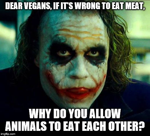 This is a real bruh moment. | DEAR VEGANS, IF IT'S WRONG TO EAT MEAT, WHY DO YOU ALLOW ANIMALS TO EAT EACH OTHER? | image tagged in joker it's simple we kill the batman,memes,vegan,veganism | made w/ Imgflip meme maker