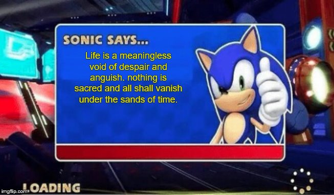 Sonic Says | Life is a meaningless void of despair and anguish. nothing is sacred and all shall vanish under the sands of time. | image tagged in sonic says | made w/ Imgflip meme maker