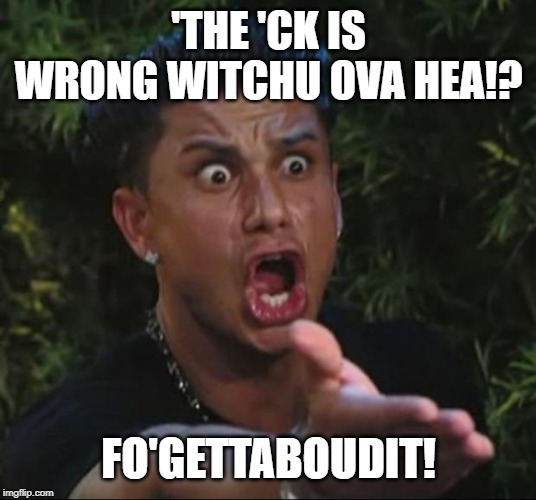 DJ Pauly D Meme | 'THE 'CK IS WRONG WITCHU OVA HEA!? FO'GETTABOUDIT! | image tagged in memes,dj pauly d | made w/ Imgflip meme maker