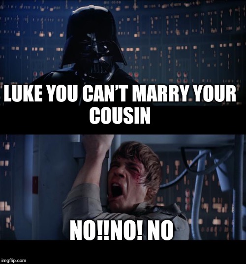 Star Wars No | LUKE YOU CAN’T MARRY YOUR 
COUSIN; NO!!NO! NO | image tagged in memes,star wars no | made w/ Imgflip meme maker