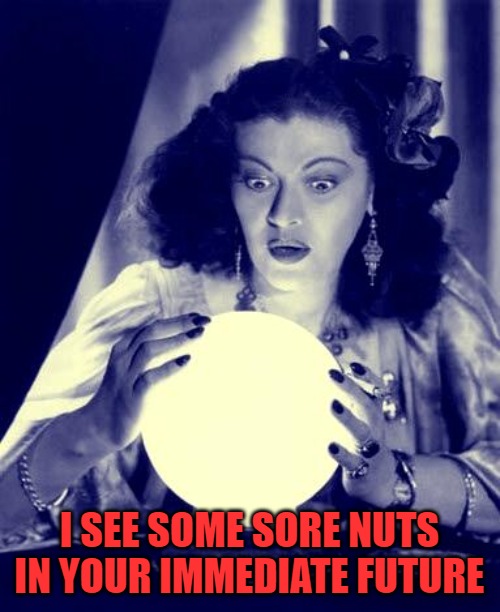 Crystal Ball | I SEE SOME SORE NUTS IN YOUR IMMEDIATE FUTURE | image tagged in crystal ball | made w/ Imgflip meme maker