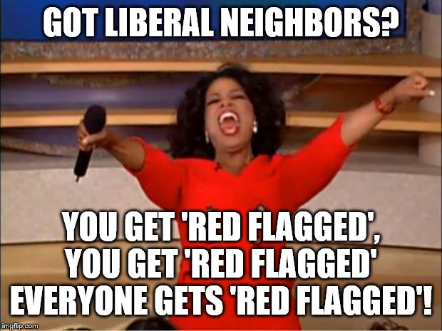 Oprah You Get A Meme | GOT LIBERAL NEIGHBORS? YOU GET 'RED FLAGGED', YOU GET 'RED FLAGGED' EVERYONE GETS 'RED FLAGGED'! | image tagged in memes,oprah you get a | made w/ Imgflip meme maker