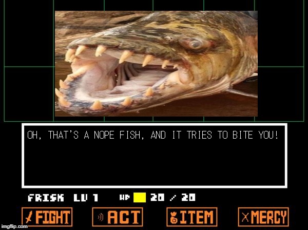 Oh noes! | OH, THAT'S A NOPE FISH, AND IT TRIES TO BITE YOU! | image tagged in undertale,nope nope nope,nope,funny memes,try not to fear | made w/ Imgflip meme maker