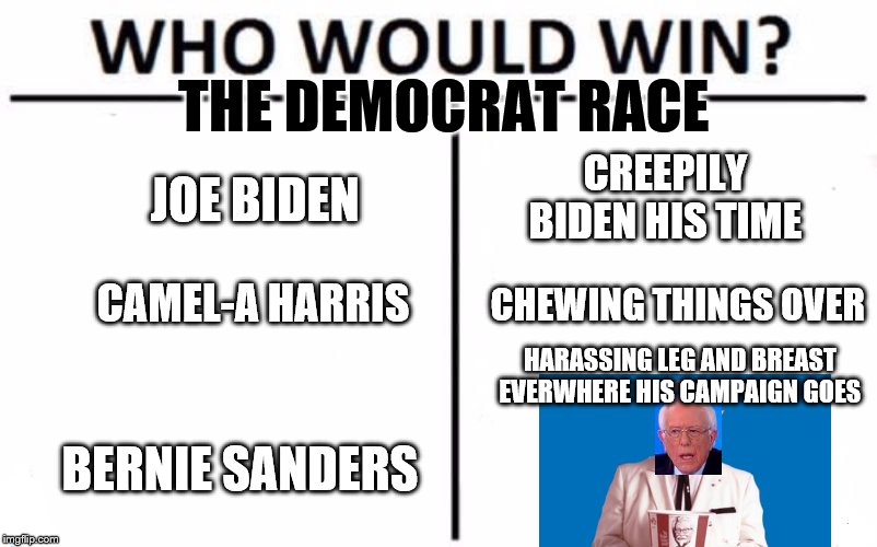 Who Would Win? | THE DEMOCRAT RACE; CREEPILY BIDEN HIS TIME; JOE BIDEN; CHEWING THINGS OVER; CAMEL-A HARRIS; HARASSING LEG AND BREAST EVERWHERE HIS CAMPAIGN GOES; BERNIE SANDERS | image tagged in memes,who would win,vote bernie sanders | made w/ Imgflip meme maker