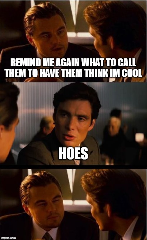 Inception | REMIND ME AGAIN WHAT TO CALL THEM TO HAVE THEM THINK IM COOL; HOES | image tagged in memes,inception | made w/ Imgflip meme maker