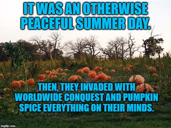 Creepy Pumpkins | IT WAS AN OTHERWISE PEACEFUL SUMMER DAY. THEN, THEY INVADED WITH WORLDWIDE CONQUEST AND PUMPKIN SPICE EVERYTHING ON THEIR MINDS. | image tagged in humor | made w/ Imgflip meme maker