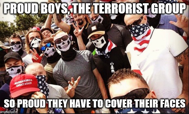 Proud Boys | PROUD BOYS, THE TERRORIST GROUP; SO PROUD THEY HAVE TO COVER THEIR FACES | image tagged in proud boys | made w/ Imgflip meme maker