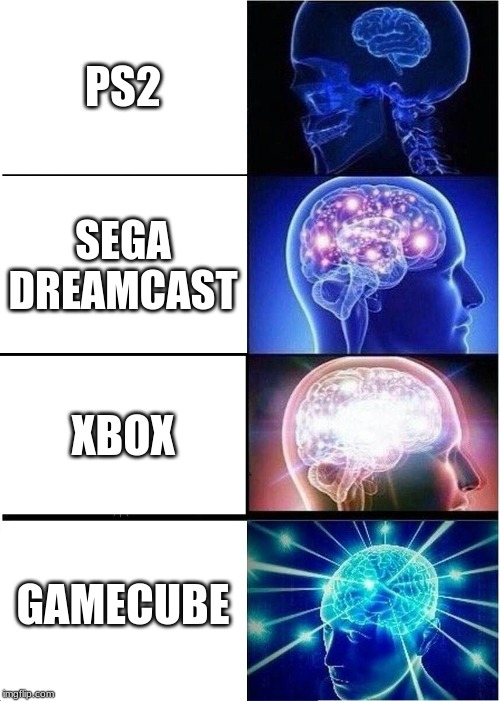 Expanding Brain | PS2; SEGA DREAMCAST; XBOX; GAMECUBE | image tagged in memes,expanding brain | made w/ Imgflip meme maker