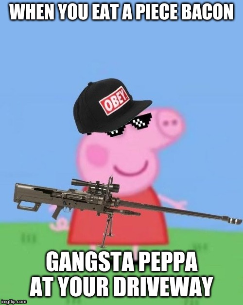 Mlg peppa pig | WHEN YOU EAT A PIECE BACON; GANGSTA PEPPA AT YOUR DRIVEWAY | image tagged in mlg peppa pig | made w/ Imgflip meme maker