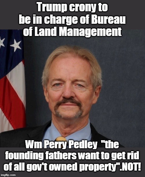 The fox is in charge of the hen house now! | Trump crony to be in charge of Bureau of Land Management; Wm Perry Pedley  "the founding fathers want to get rid of all gov't owned property".NOT! | image tagged in william perry pedley,blm,public land set aside by pres teddy roosevelt,privitize natural resouces for rich,gop sucking america d | made w/ Imgflip meme maker