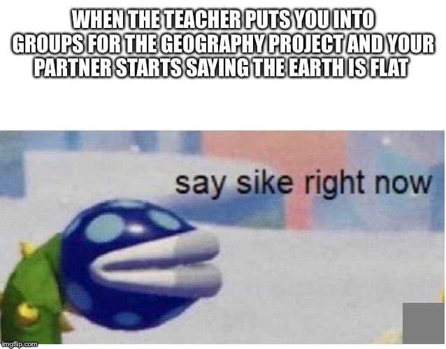 say sike right now | WHEN THE TEACHER PUTS YOU INTO GROUPS FOR THE GEOGRAPHY PROJECT AND YOUR PARTNER STARTS SAYING THE EARTH IS FLAT | image tagged in say sike right now | made w/ Imgflip meme maker