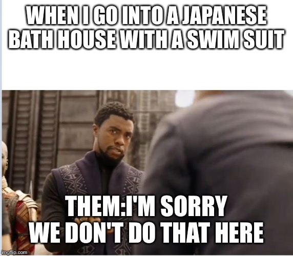 We don't do that here | WHEN I GO INTO A JAPANESE BATH HOUSE WITH A SWIM SUIT; THEM:I'M SORRY WE DON'T DO THAT HERE | image tagged in we don't do that here | made w/ Imgflip meme maker