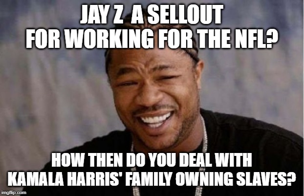 Yo Dawg Heard You Meme | JAY Z  A SELLOUT FOR WORKING FOR THE NFL? HOW THEN DO YOU DEAL WITH KAMALA HARRIS' FAMILY OWNING SLAVES? | image tagged in memes,yo dawg heard you | made w/ Imgflip meme maker