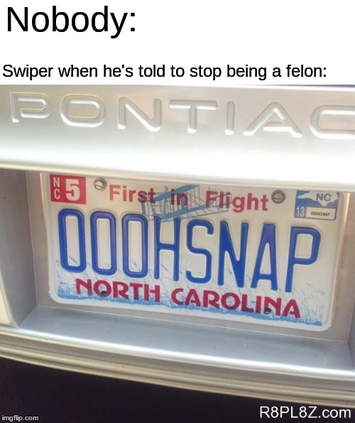 North Carolina License Play Oh Snap | Nobody:; Swiper when he's told to stop being a felon: | image tagged in north carolina license play oh snap | made w/ Imgflip meme maker