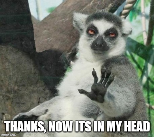 Stoner Lemur Meme | THANKS, NOW ITS IN MY HEAD | image tagged in memes,stoner lemur | made w/ Imgflip meme maker