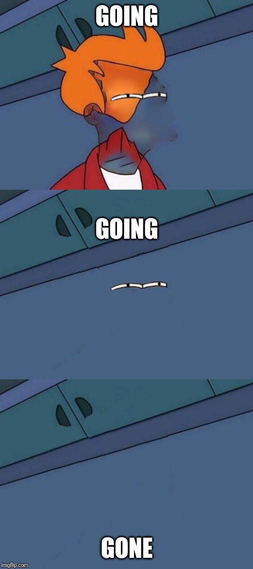 GOING GONE GOING | image tagged in futurama fry eyes,futurama fry blank,invisible futurama fry eyes | made w/ Imgflip meme maker