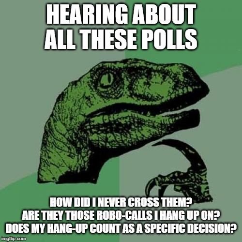 Philosoraptor | HEARING ABOUT ALL THESE POLLS; HOW DID I NEVER CROSS THEM?
ARE THEY THOSE ROBO-CALLS I HANG UP ON?
DOES MY HANG-UP COUNT AS A SPECIFIC DECISION? | image tagged in memes,philosoraptor | made w/ Imgflip meme maker