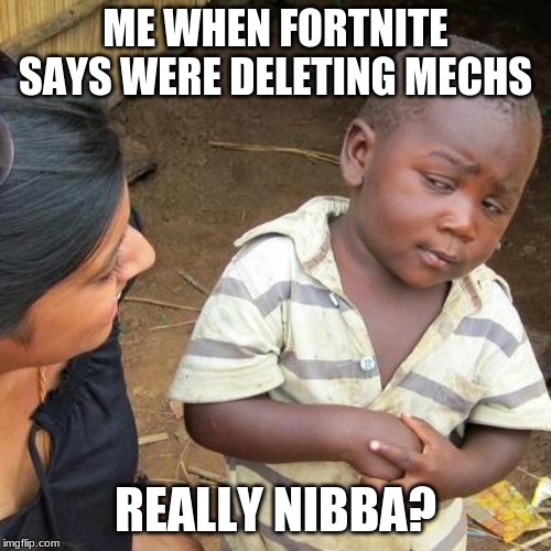 Third World Skeptical Kid | ME WHEN FORTNITE SAYS WERE DELETING MECHS; REALLY NIBBA? | image tagged in memes,third world skeptical kid | made w/ Imgflip meme maker