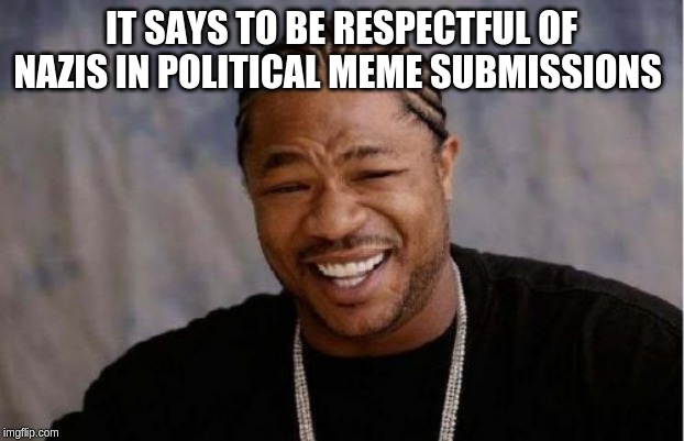 Yo Dawg Heard You | IT SAYS TO BE RESPECTFUL OF NAZIS IN POLITICAL MEME SUBMISSIONS | image tagged in memes,yo dawg heard you | made w/ Imgflip meme maker