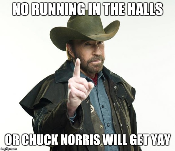 Chuck Norris Finger Meme | NO RUNNING IN THE HALLS; OR CHUCK NORRIS WILL GET YAY | image tagged in memes,chuck norris finger,chuck norris | made w/ Imgflip meme maker