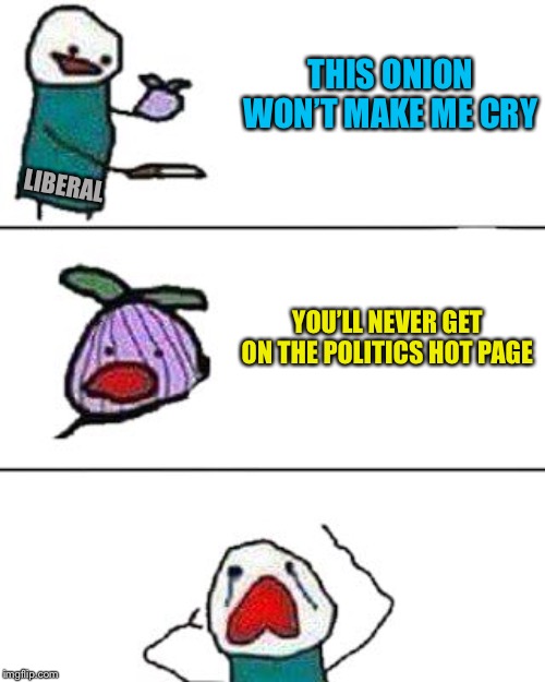 The Truth Hurts! | THIS ONION WON’T MAKE ME CRY; LIBERAL; YOU’LL NEVER GET ON THE POLITICS HOT PAGE | image tagged in this onion won't make me cry,memes | made w/ Imgflip meme maker