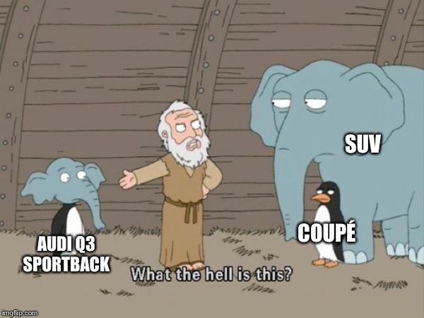 Family guy what the hell is this | SUV; AUDI Q3 SPORTBACK; COUPÉ | image tagged in family guy what the hell is this | made w/ Imgflip meme maker