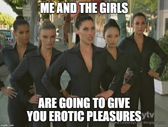 part of 'me and the boys' (or girls, in this case) week event | ME AND THE GIRLS; ARE GOING TO GIVE YOU EROTIC PLEASURES | image tagged in me and the boys week,memes | made w/ Imgflip meme maker