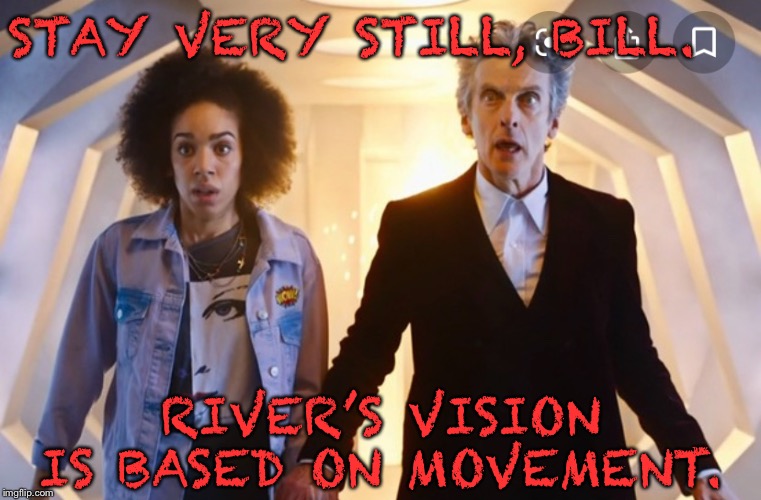 Stay still | STAY VERY STILL, BILL. RIVER’S VISION IS BASED ON MOVEMENT. | image tagged in doctor who | made w/ Imgflip meme maker