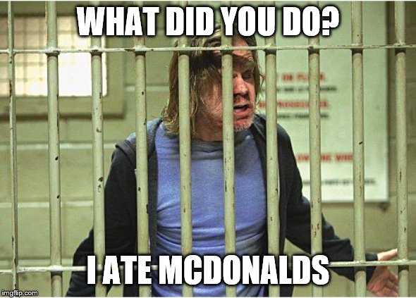 I got in jail | WHAT DID YOU DO? I ATE MCDONALDS | image tagged in mcdonalds,jail | made w/ Imgflip meme maker