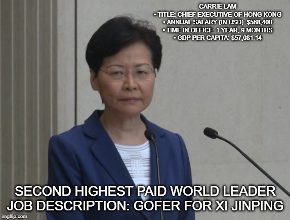 Carrie Lam | CARRIE LAM
• TITLE: CHIEF EXECUTIVE OF HONG KONG
• ANNUAL SALARY (IN USD): $568,400
• TIME IN OFFICE: 1 YEAR, 9 MONTHS
• GDP PER CAPITA: $57,081.14; SECOND HIGHEST PAID WORLD LEADER JOB DESCRIPTION: GOFER FOR XI JINPING | image tagged in carrie,lam,hong kong | made w/ Imgflip meme maker