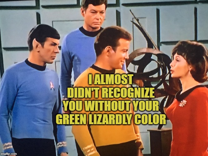 Kirk n the boys | I ALMOST DIDN'T RECOGNIZE YOU WITHOUT YOUR GREEN LIZARDLY COLOR | image tagged in kirk n the boys | made w/ Imgflip meme maker